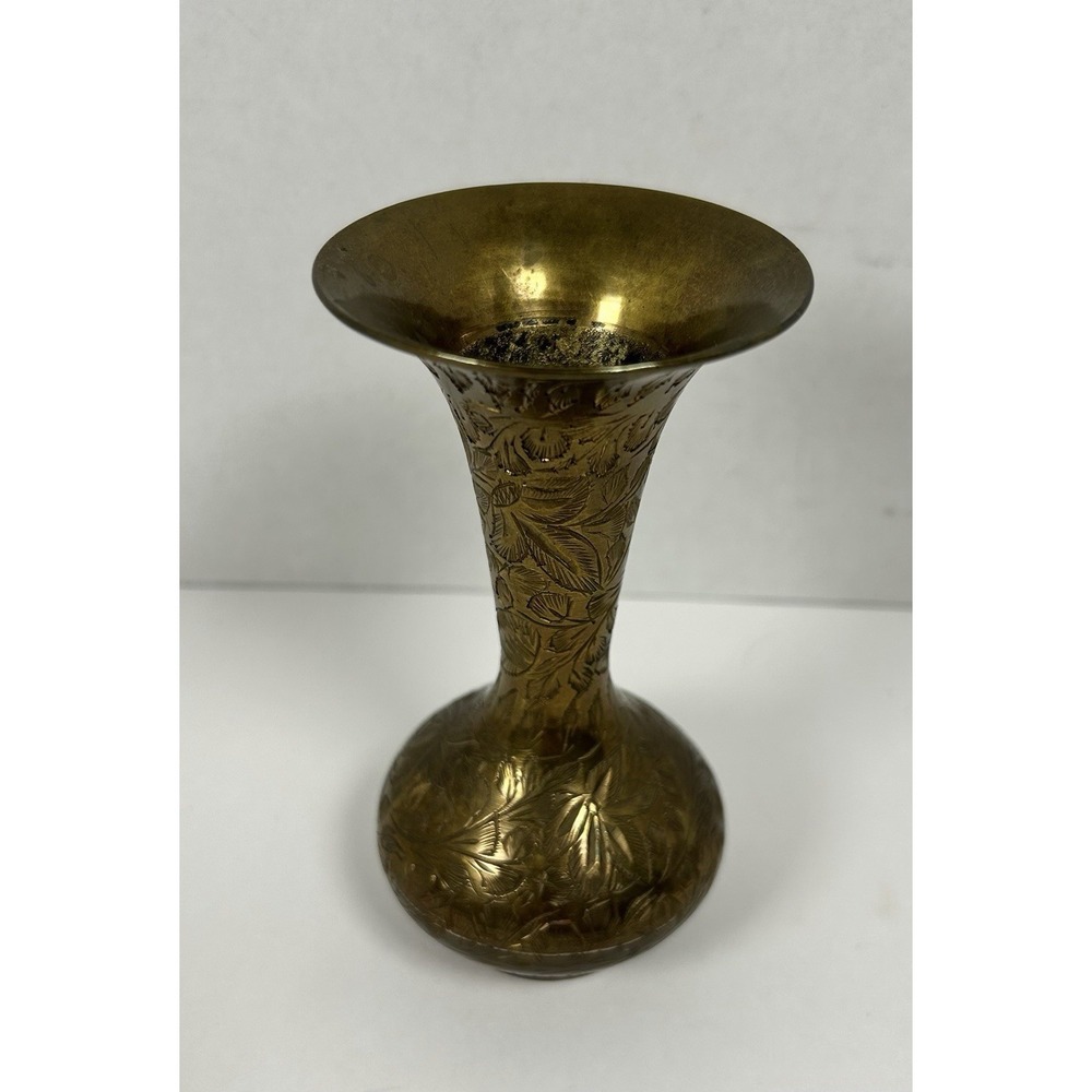 Vintage Solid Brass Etched Vase 5'' Tall Floral Design Made in India Patina